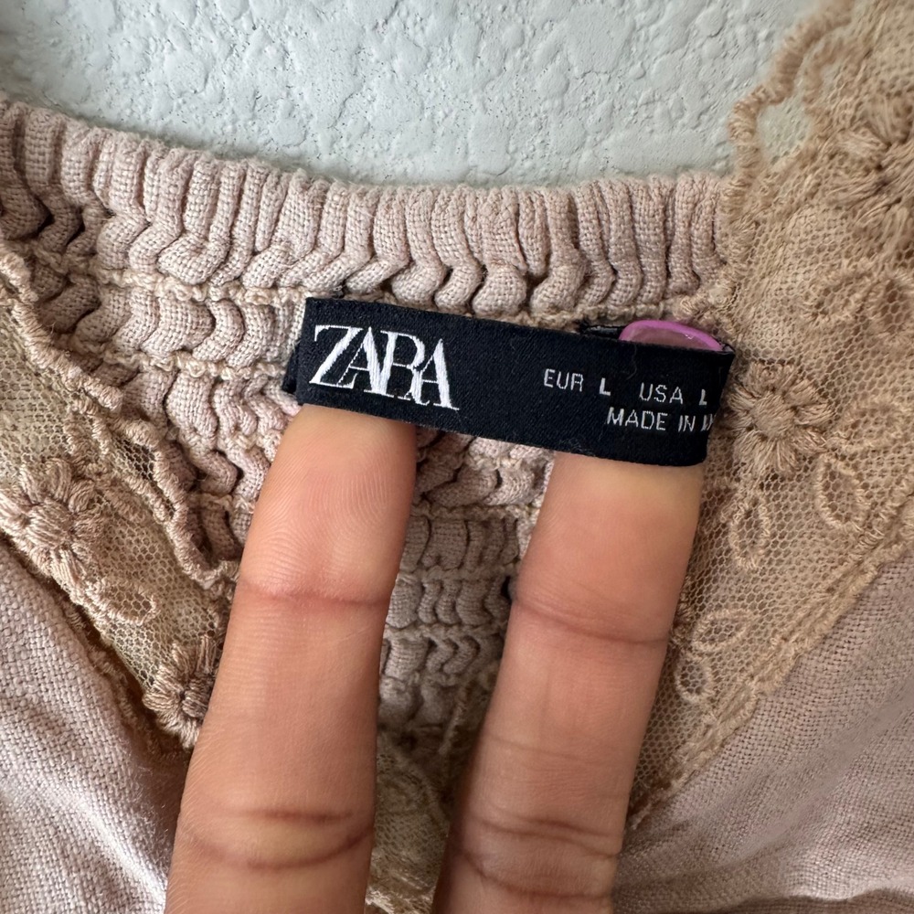 Zara Womens Pink Linen Blend Lace Trim Ruffle Sleeve Smocked Crop Top Large - Picture 2 of 3